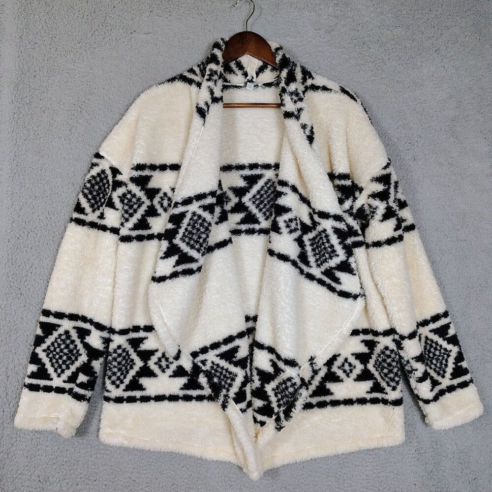 Lucky Brand Coat Women's Large Ivory Black Fair Isle Faux Fur Sherpa Collar Cozy